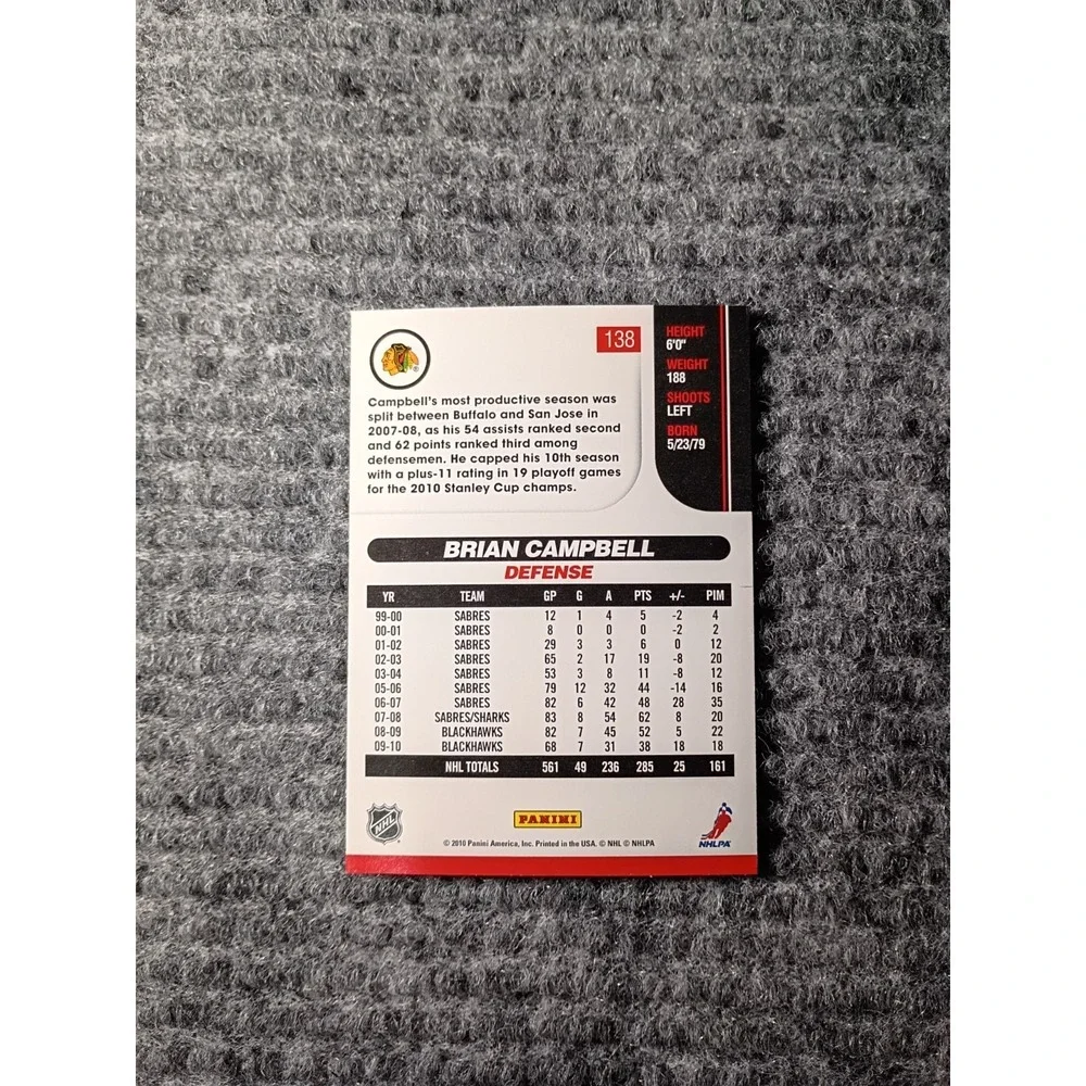 2010 Score Chicago Blackhawks Brian Campbell Hockey Card #138